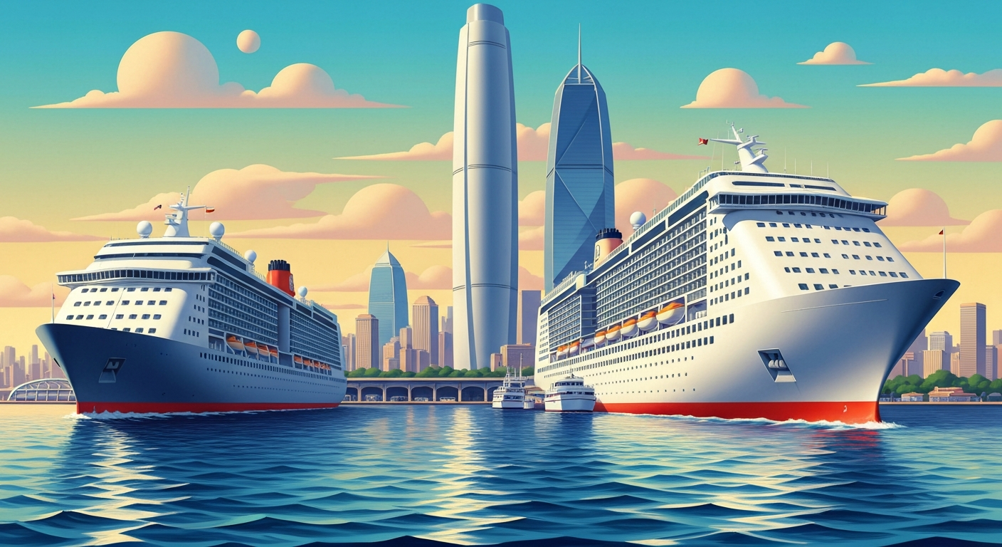 A bold, geometric illustration in the Art Deco style depicting a towering cruise ship docked at a bustling port city skyline, capturing the grand scale and romance of travel.