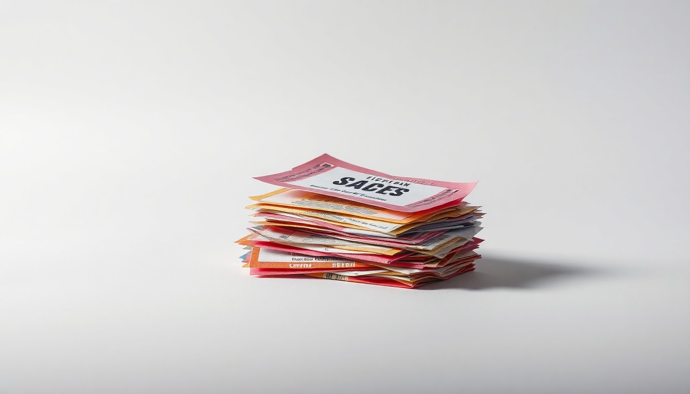 A high-end, photorealistic studio still-life photograph featuring a stack of crumpled, torn ticket stubs in various colors arranged elegantly on a clean, monochromatic background, conceptually representing the abstract issues of corporate monopoly and lack of consumer choice in the live entertainment industry.