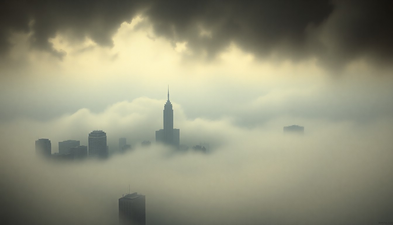 A sweeping, atmospheric landscape painting depicting a hazy, fog-shrouded cityscape with the iconic Citgo sign barely visible in the distance, conveying the overwhelming, sublime scale of the changing weather conditions in Boston.