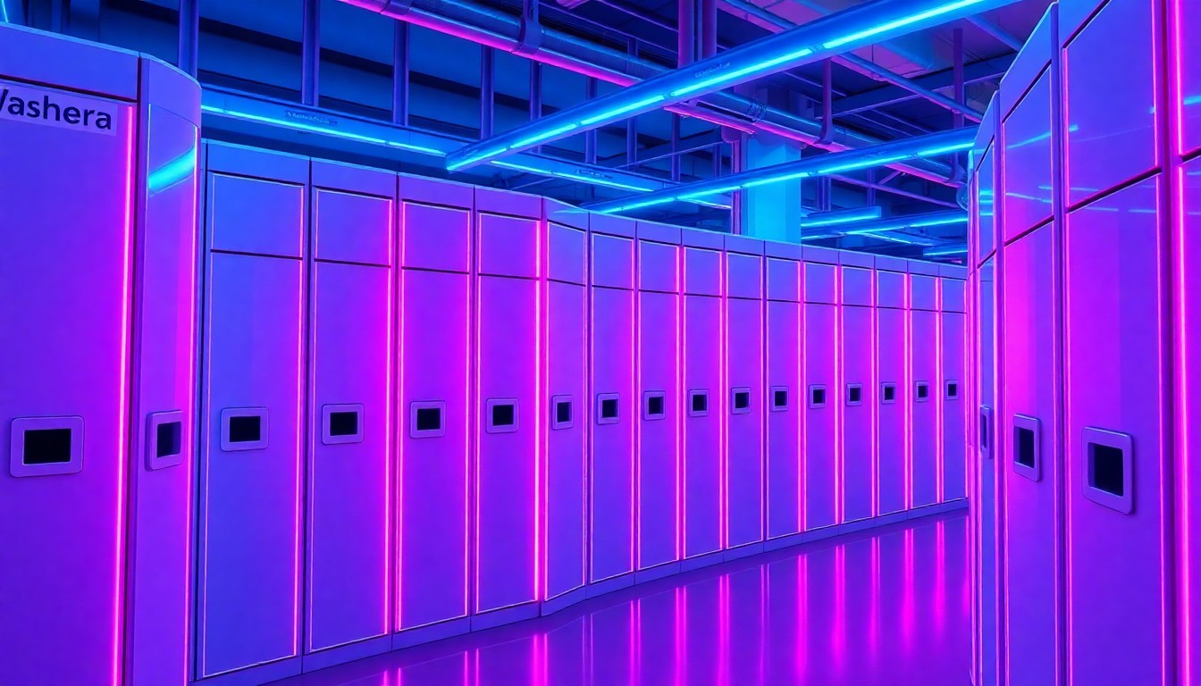 A highly detailed, glowing 3D illustration of a network of interconnected smart lockers in shades of cyan and magenta, representing the advanced technology and data-driven infrastructure powering Washera's laundry automation platform.