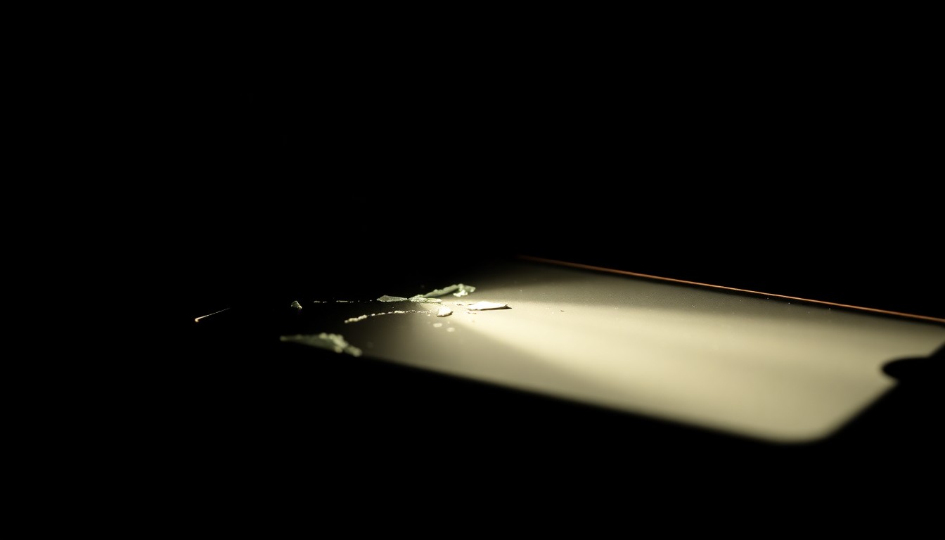 An extreme close-up photograph of a damaged cell phone screen or wallet, lit by a harsh, direct camera flash, conceptually representing the evidence from a series of violent robberies on a Chicago train.