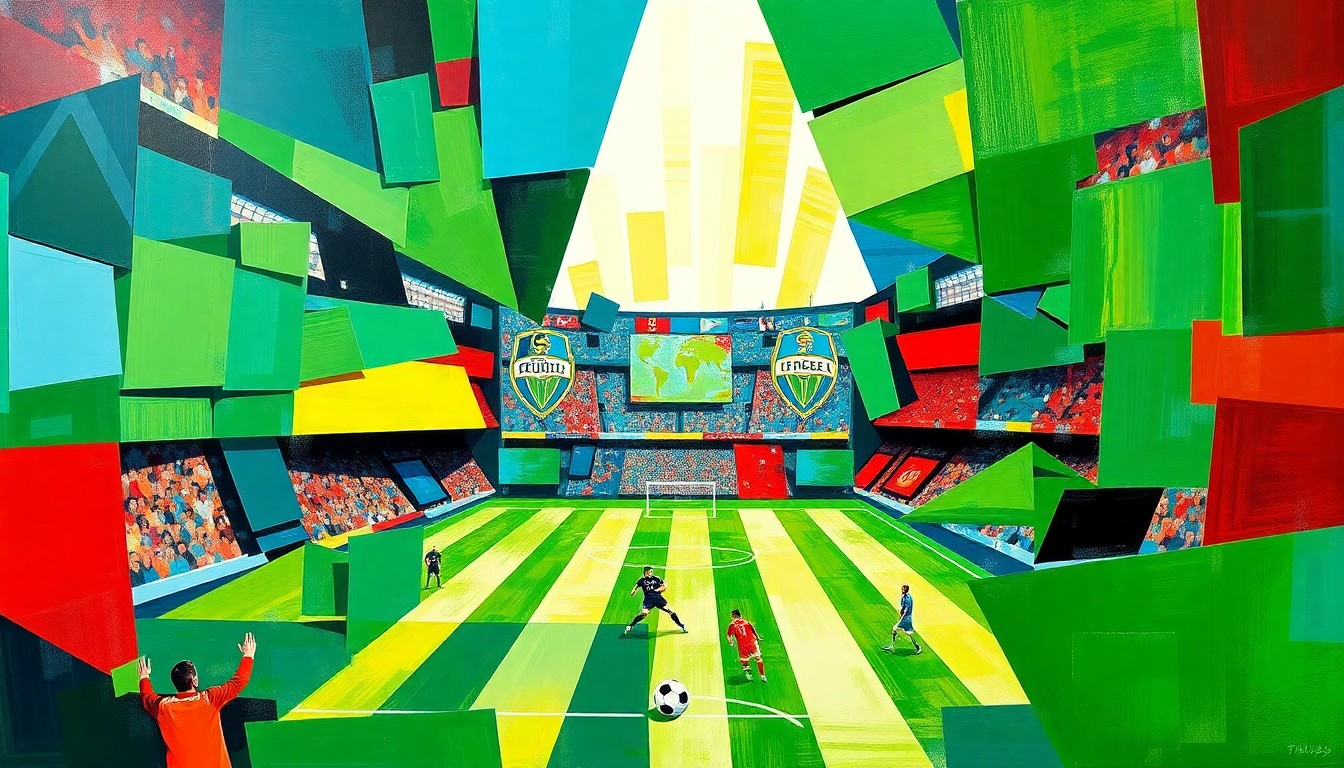 A fractured, multi-perspective painting in vibrant colors of green, blue, and red, breaking down a soccer match between two teams into sharp, overlapping geometric planes, conceptually representing the tension and drama of a knockout tournament.