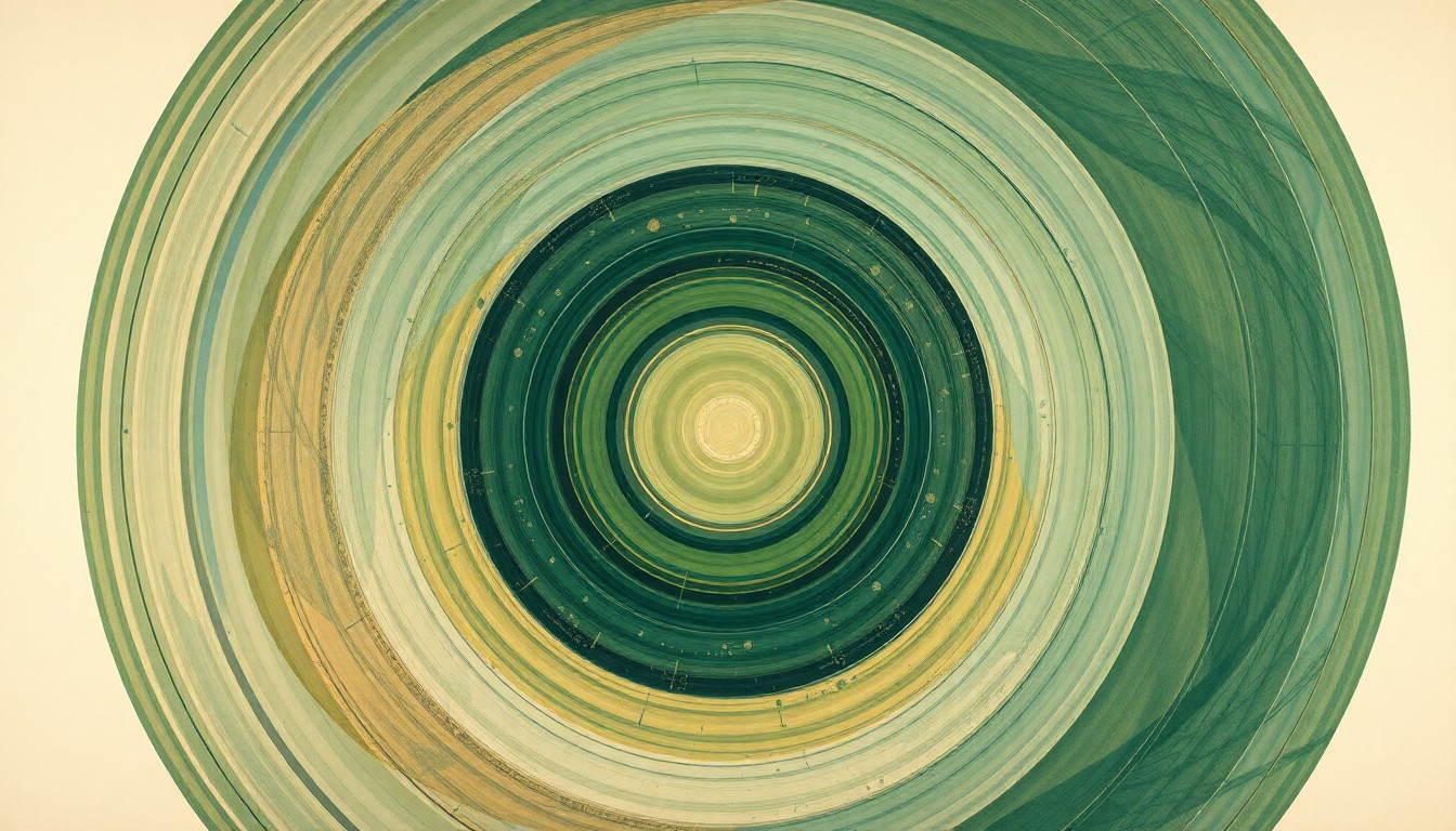 A highly textured, abstract painting in earthy tones of green, blue, and brown, featuring sweeping geometric arcs, concentric circles, and precise botanical spirals, conceptually representing the interconnected natural forces that support life on our planet.