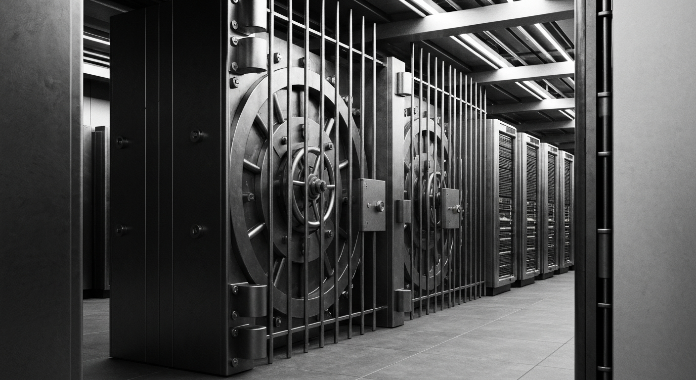A high-contrast black and white close-up of heavy, industrial banking equipment and infrastructure, representing the financial systems and technology that support Global Net Lease's real estate portfolio.