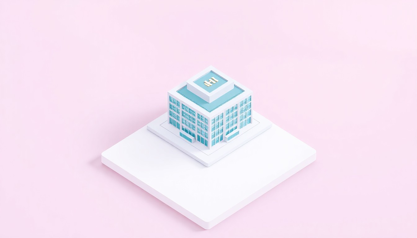 A minimalist, isometric 3D illustration depicting a stylized, modern office building or corporate campus floating on a pastel background, representing Hisense's new U.S. headquarters in Alpharetta.