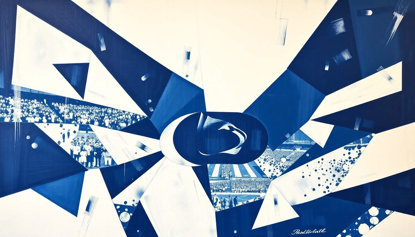 A cubist, geometric painting featuring overlapping planes of dark blue and white, conceptually representing the complex factors behind a college football coaching change.