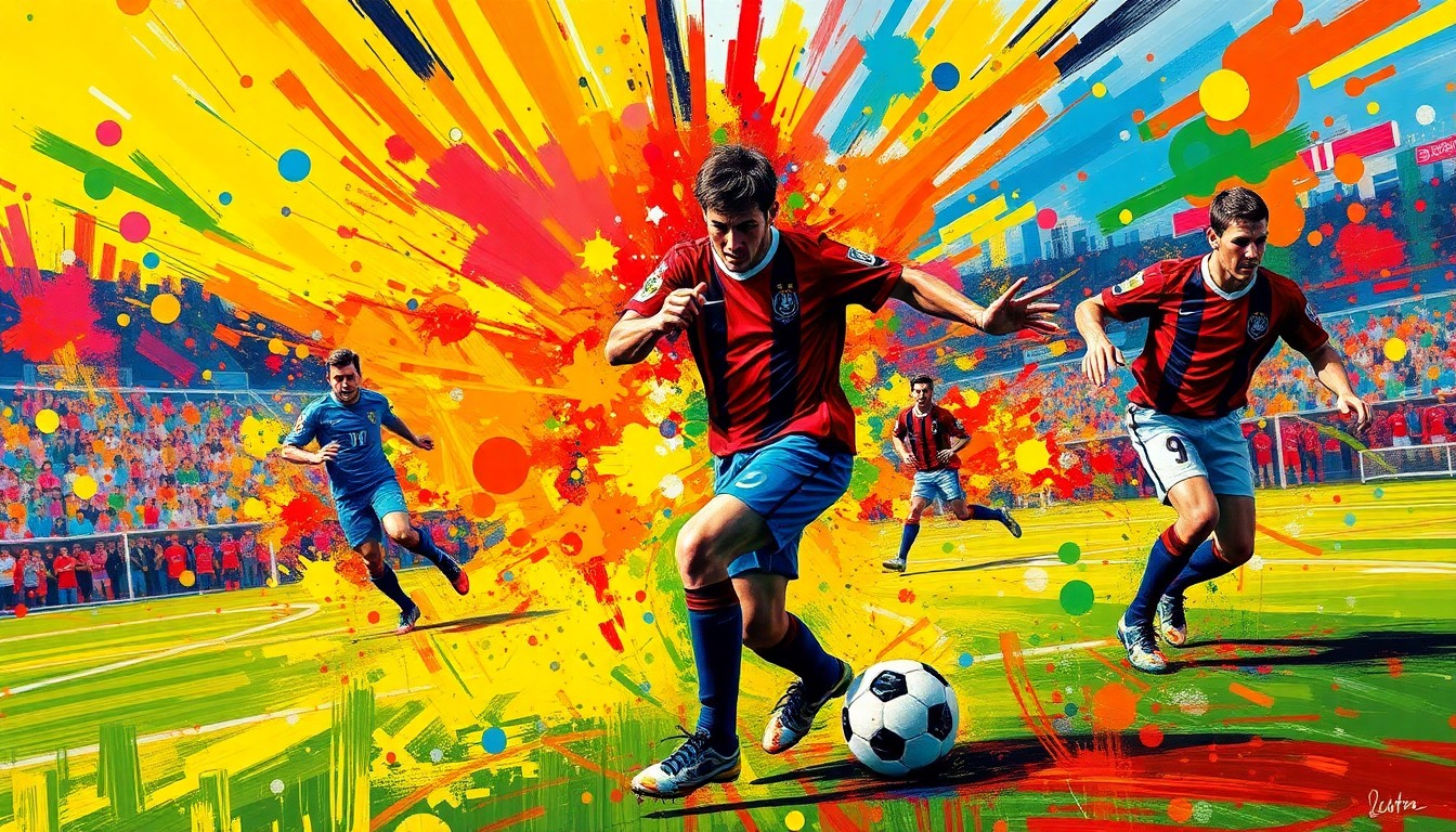 An abstract, energetic painting featuring vibrant brushstrokes of neon colors that capture the dynamic movement and intensity of a soccer match, with players' forms dissolving into unrecognizable shapes.