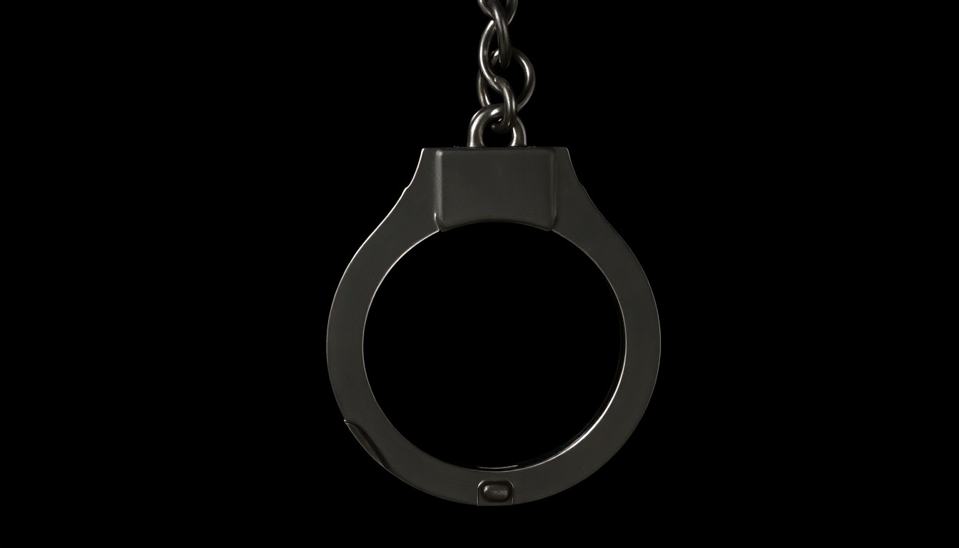 An extreme close-up photograph of a pair of handcuffs against a pitch-black background, conceptually representing the arrest of a foreign national accused of a serious crime.