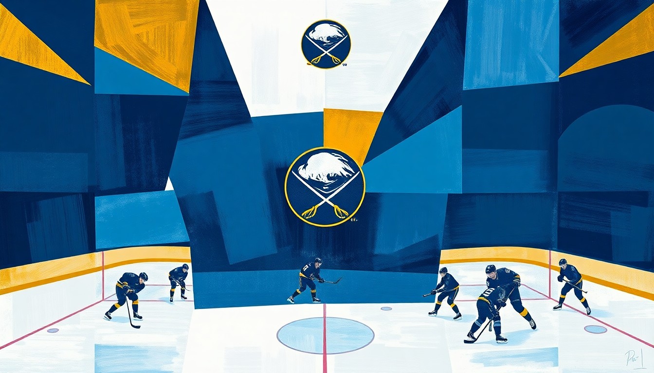 A cubist, geometric painting depicting a Sabres hockey game, with the players and action broken down into sharp, overlapping planes of navy blue, gold, and white, conveying the energy and excitement of the team's playoff return.