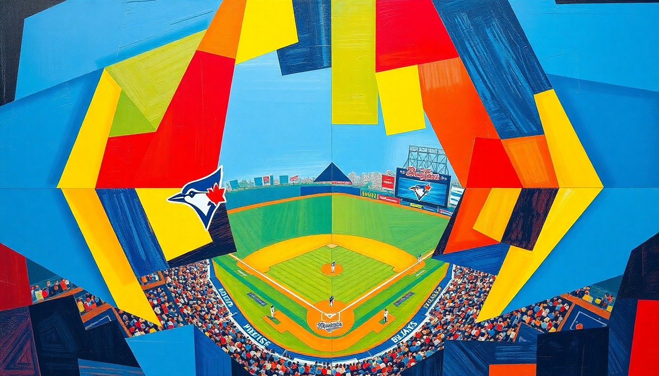 A cubist, geometric painting depicting a baseball game between the Toronto Blue Jays and Milwaukee Brewers, with the players and field broken down into overlapping planes of vibrant colors.