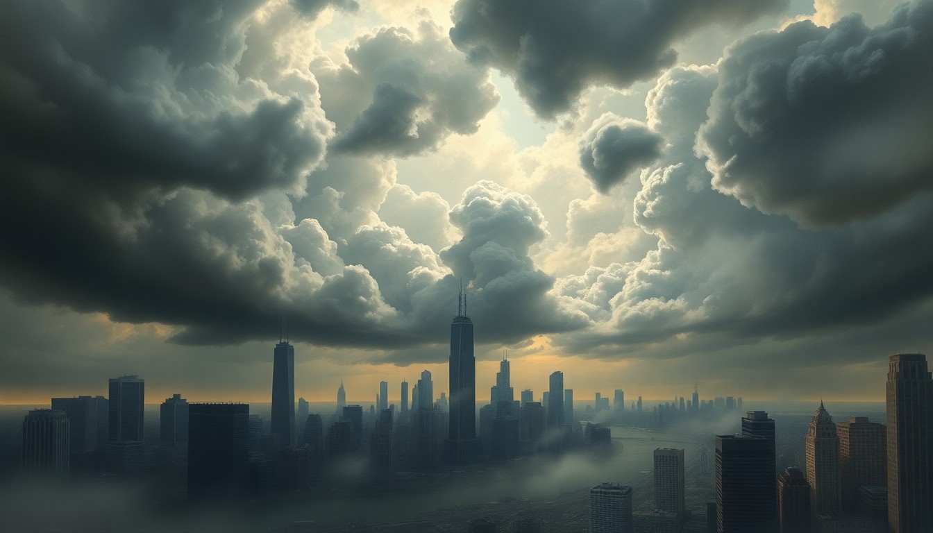 A vast, atmospheric landscape painting depicting a heavy storm system moving across the Chicago skyline, with the city's buildings obscured by dramatic, swirling clouds and dramatic backlighting.
