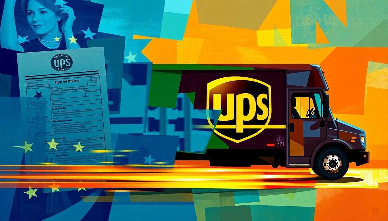 A dynamic, abstract painting composed of overlapping, fragmented shapes and lines in shades of blue, green, and orange, conceptually representing the motion and change surrounding voting systems and package delivery in Georgia.