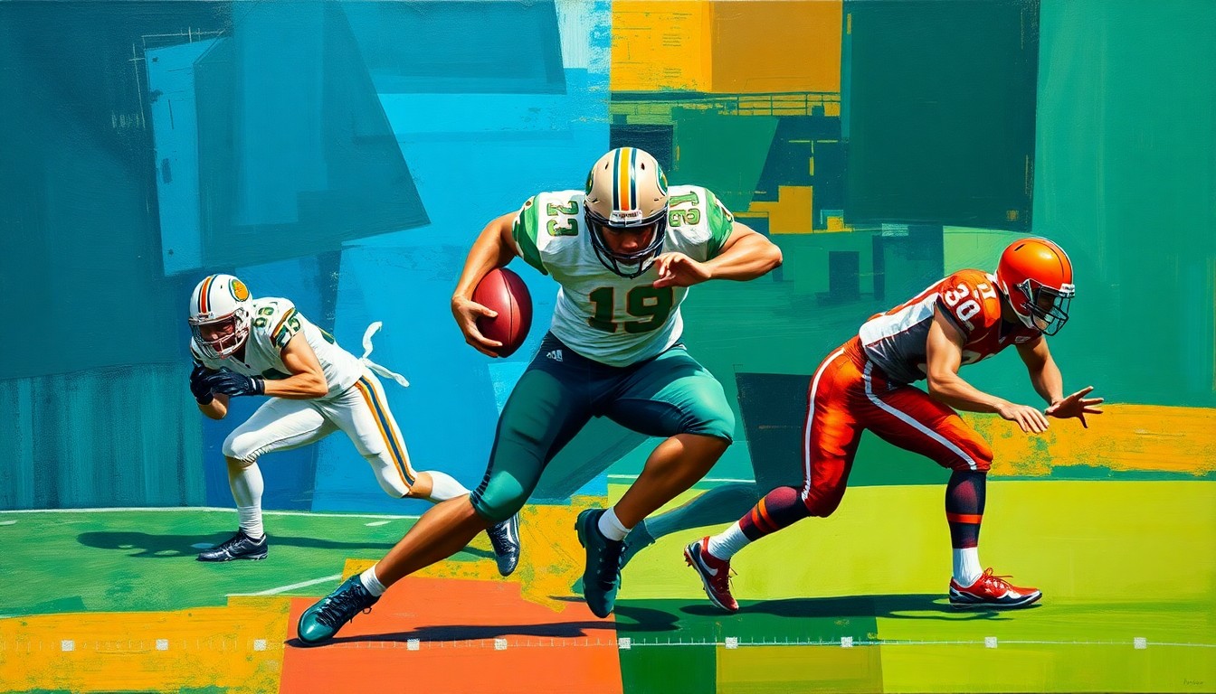 A fragmented, cubist-style painting depicting a football player in motion, with sharp geometric shapes and planes in vibrant colors representing both offensive and defensive actions, conveying the complexity and versatility of the player's abilities.