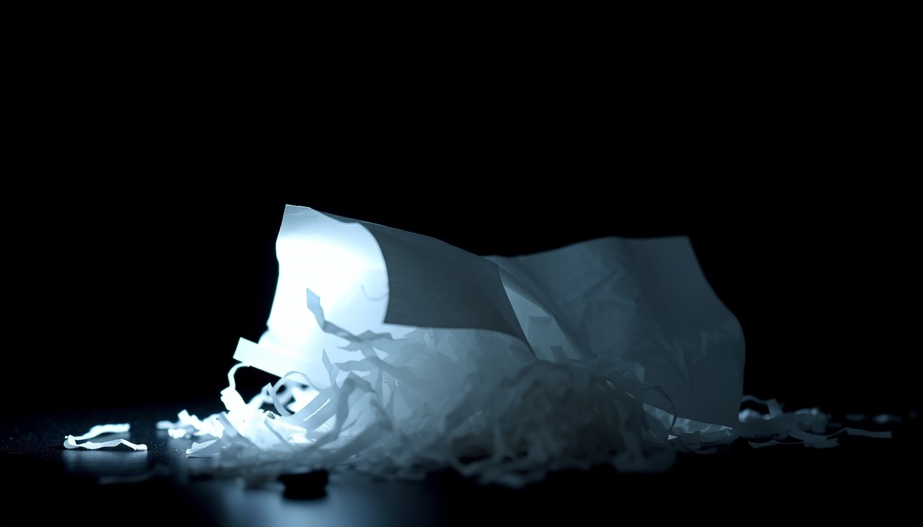 An extreme close-up photograph of a shredded legal document or crumpled check, the harsh lighting and stark black background creating a sense of drama and investigation around the misuse of client funds.