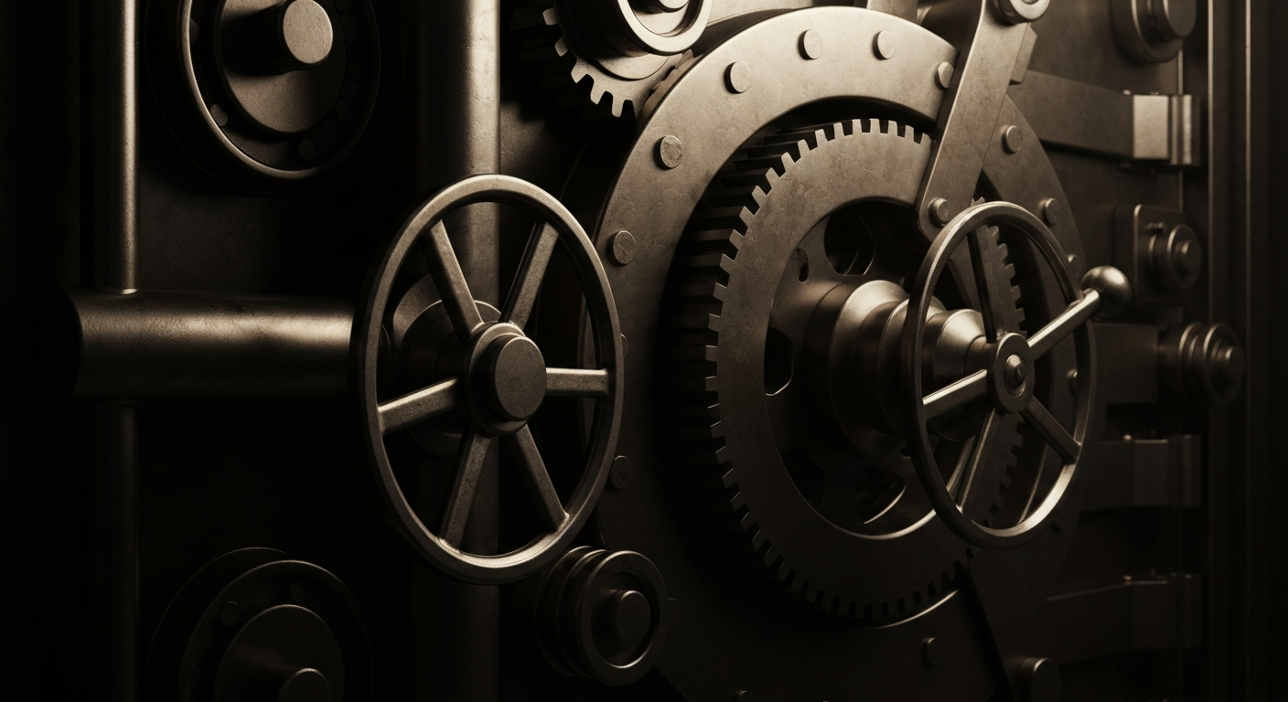 An extreme close-up of the complex, interlocking mechanisms of a large bank vault door, conveying the tangible, physical infrastructure behind financial institutions.