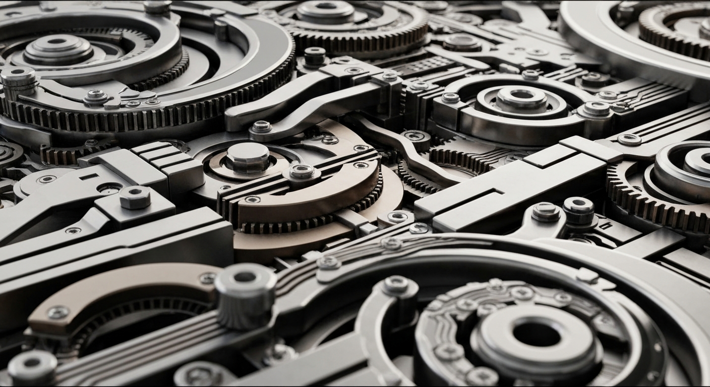 A highly detailed, cinematic close-up image of the complex mechanisms and components that make up the internal workings of a banking institution, conveying a sense of the intricate infrastructure and technology that powers modern finance.