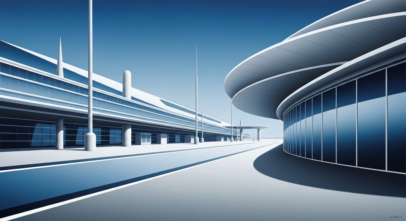 A bold, geometric illustration depicting the sweeping architecture and grand scale of a modern cruise ship terminal, rendered in shades of blue, gray, and white with smooth, airbrushed gradients and sleek, streamlined forms.