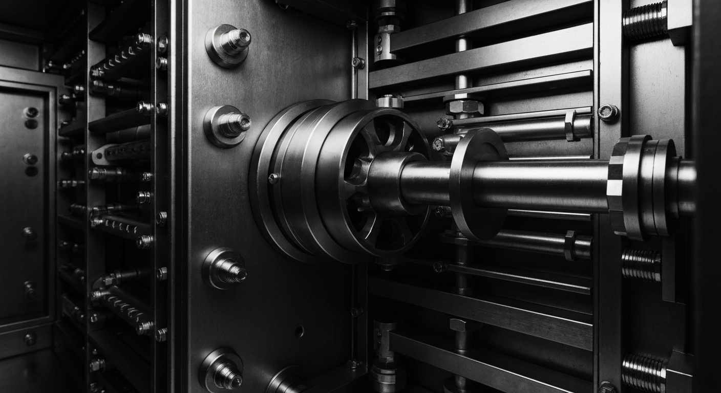 A high-contrast, close-up image of the complex gears, levers, and mechanisms that make up the inner workings of a bank vault, conveying a sense of the physical infrastructure and security that underpins the banking industry.