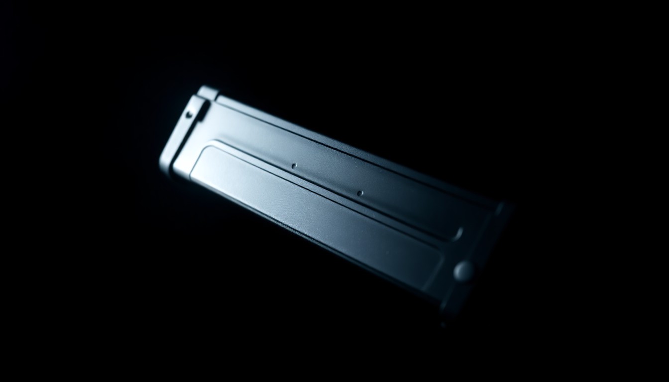 An extreme close-up photograph of a police-issued firearm magazine, the metal and plastic surfaces reflecting the harsh light of the camera flash against a pitch-black background, conceptually illustrating the tense and dangerous nature of the incident.