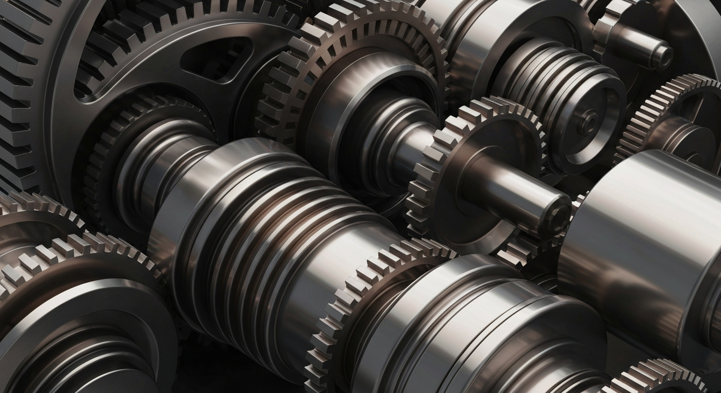 An extreme close-up of intricately detailed, heavy industrial banking machinery and gears in shades of steel grey, bronze, and black, conceptually representing the institutional strength and financial security of T. Rowe Price Group.