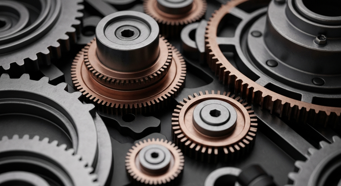 An extreme close-up of a tangle of industrial gears and machinery, representing the intricate inner workings of a major biotech company like Amgen.