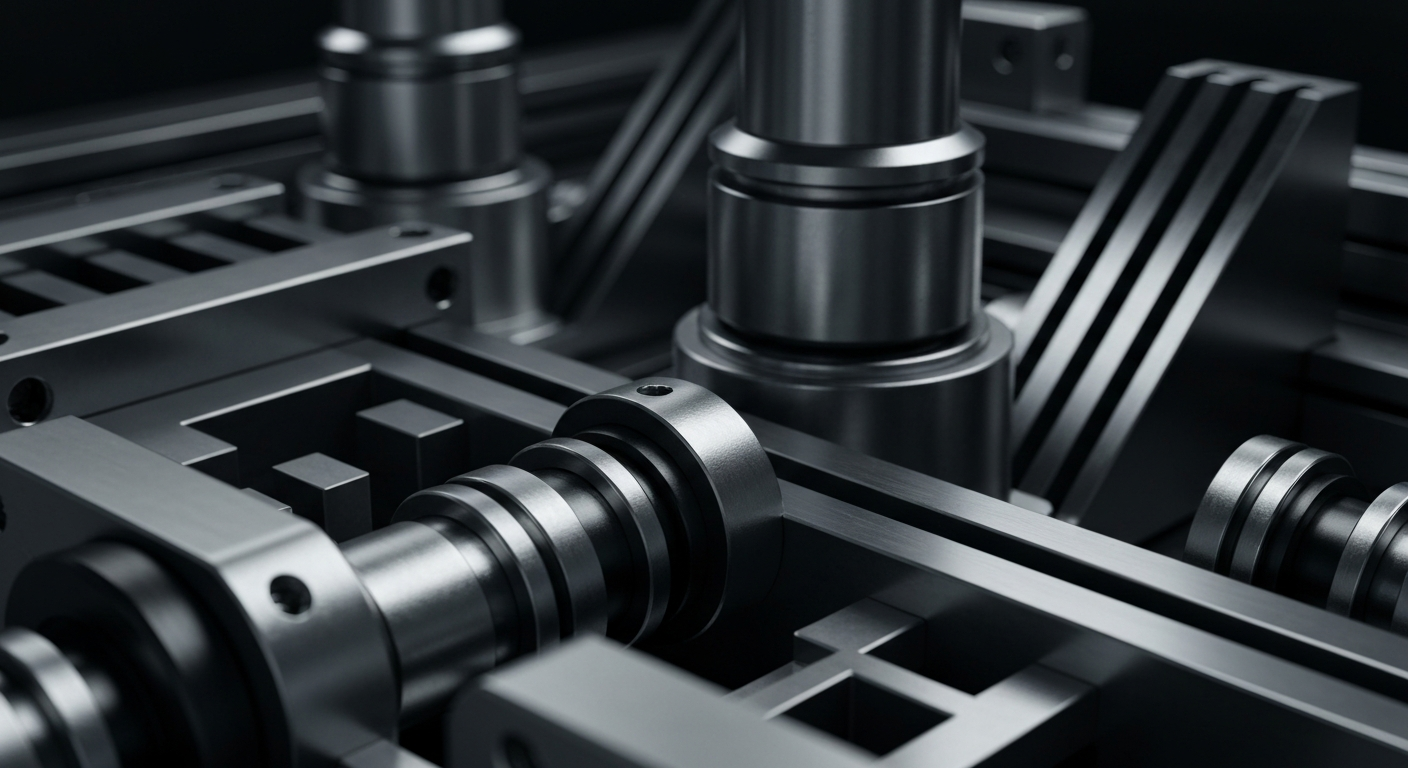 An extreme close-up of highly detailed, textured industrial machinery and components in shades of steel grey, silver, and black, conveying the advanced engineering and manufacturing capabilities of Teledyne Technologies.