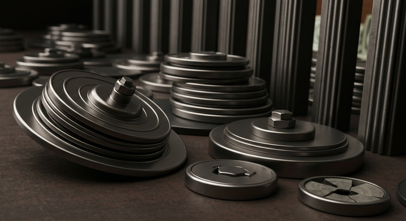 An extreme, cinematic close-up of heavy, tangible banking mechanics and objects in a high-contrast, black-and-white style, representing the physical and institutional nature of financial services without using literal currency or charts.