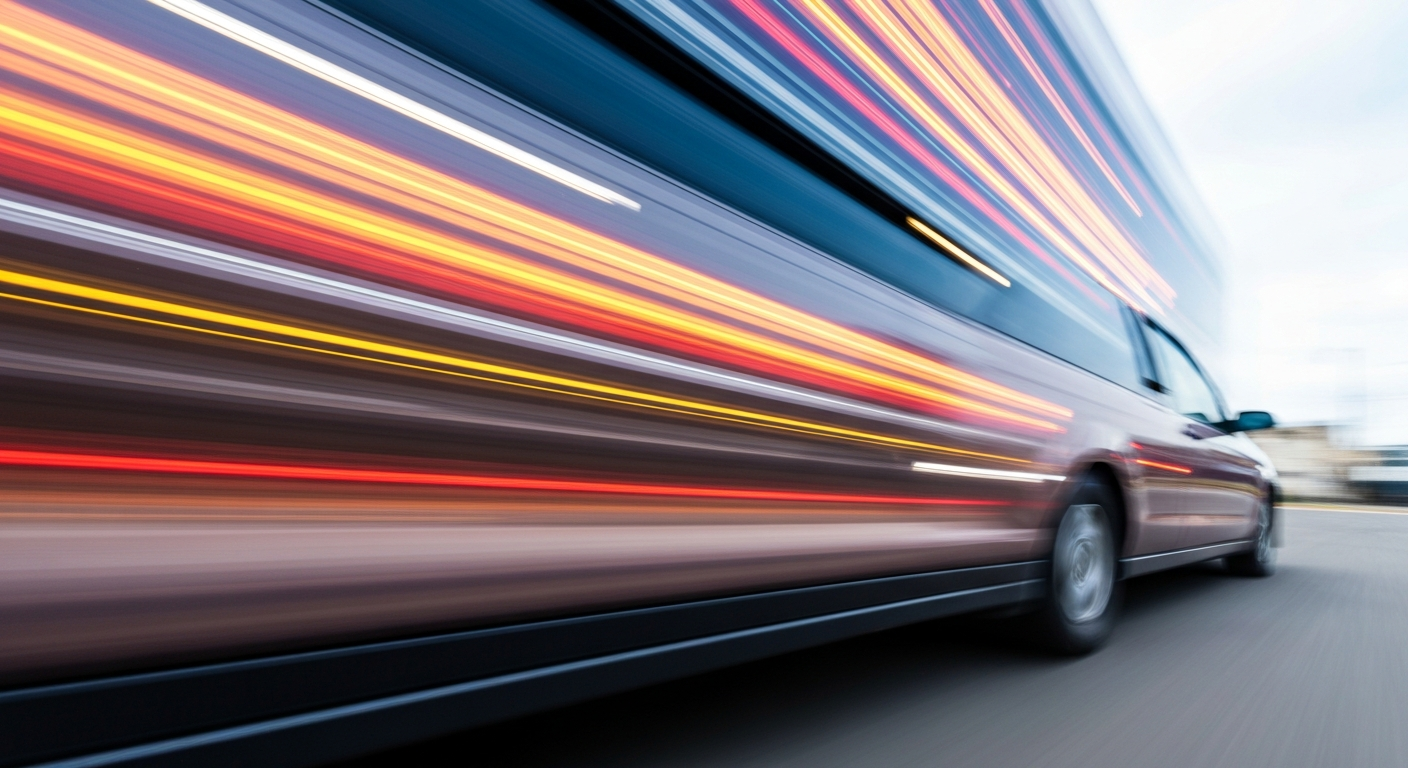 An abstract, colorful image of a moving Ford vehicle, with the car's form blurred into sweeping brushstrokes of vibrant hues, conveying a sense of speed and modern engineering.