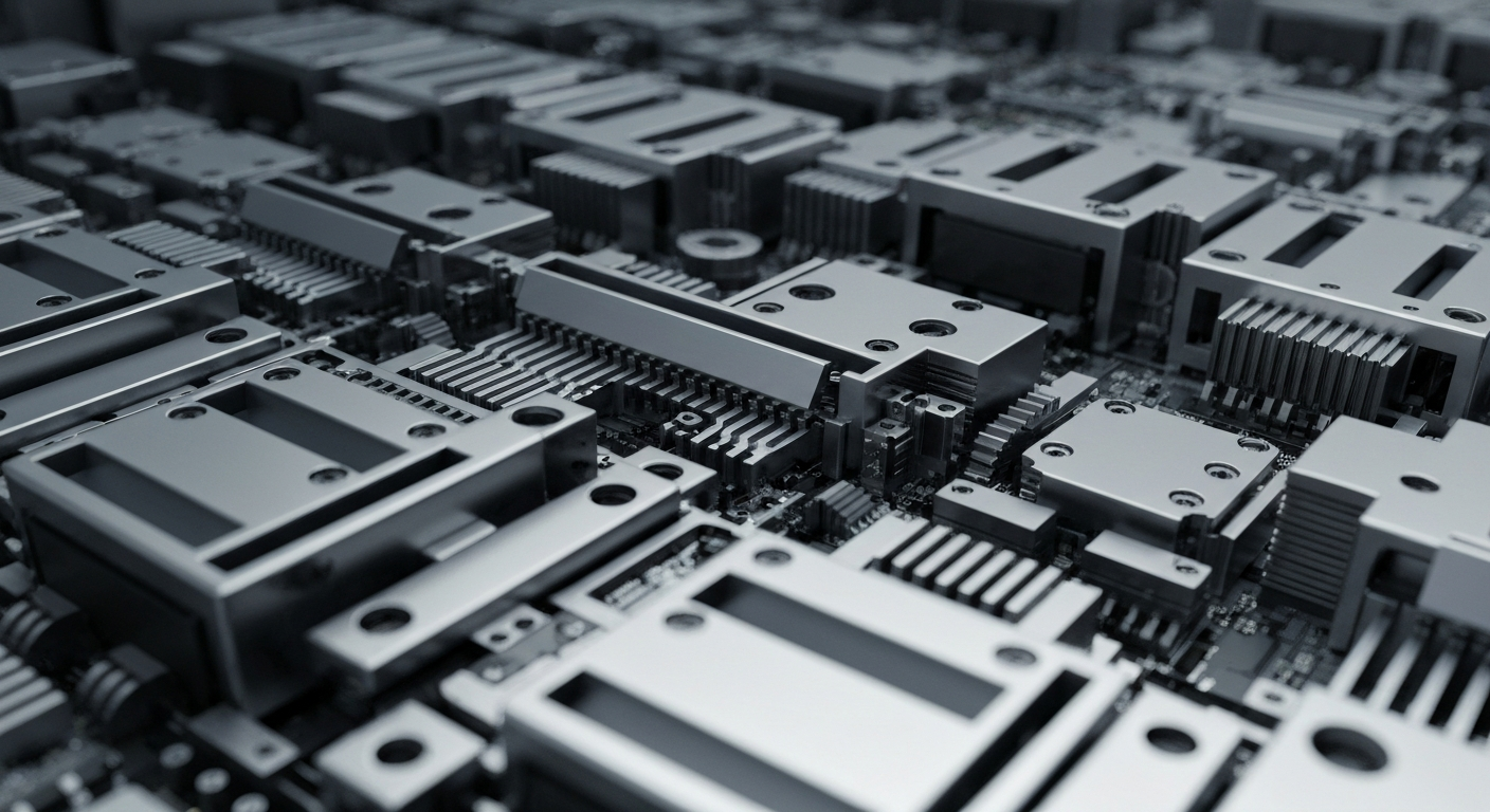 An extreme close-up of complex, highly engineered semiconductor manufacturing equipment and circuitry, conveying the industrial scale and technical sophistication of modern chip production.