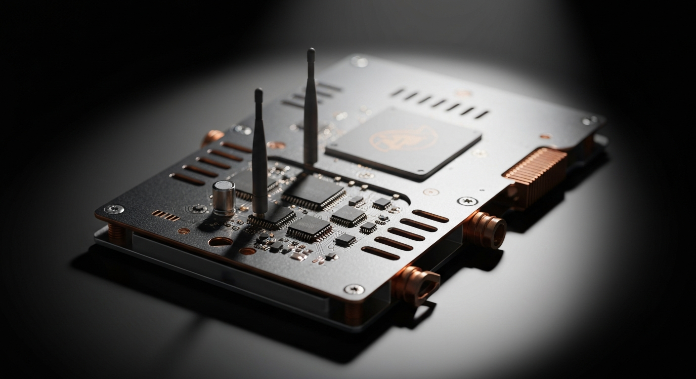 An extreme close-up of complex, industrial-looking wireless communication components in a variety of metallic tones, conceptually representing the technical infrastructure and hardware behind Qualcomm's business.
