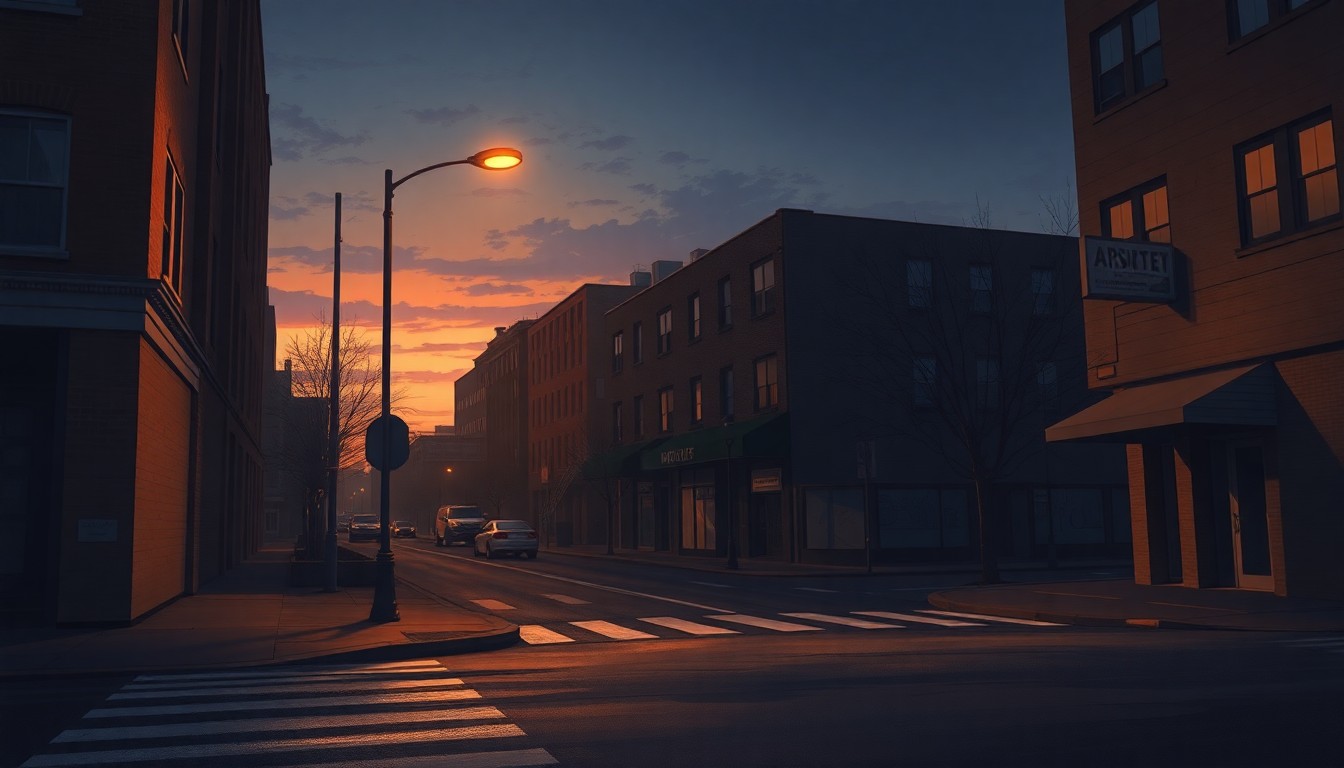 A serene, cinematic painting of an empty city street corner at dusk, with warm sunlight and deep shadows creating a contemplative mood, suggesting the need for thoughtful, community-based solutions to address urban violence.