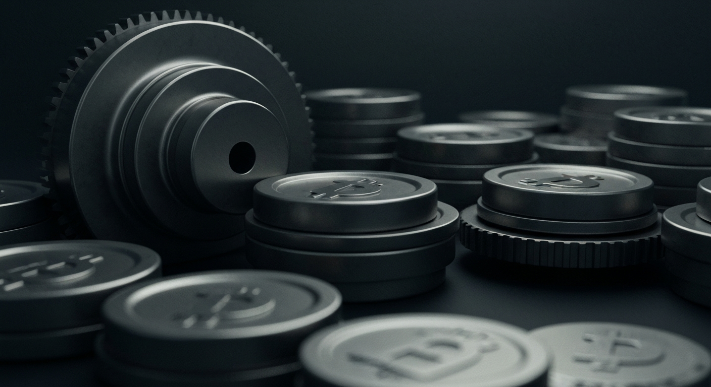 An extreme close-up of gears, levers, and other industrial machinery, conveying the complex inner workings of the crypto venture capital industry in a stylized, cinematic manner.