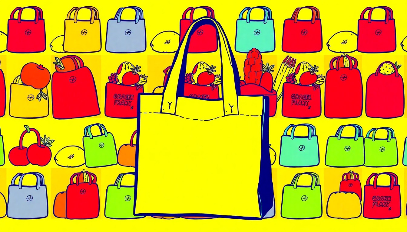 A highly stylized, pop art-inspired grid of a single, recognizable organic grocery item like a reusable shopping bag or fresh produce, rendered in a bold, neon color palette with heavy black outlines, conceptually representing the community-focused mission and longevity of San Francisco's Rainbow Grocery Cooperative.