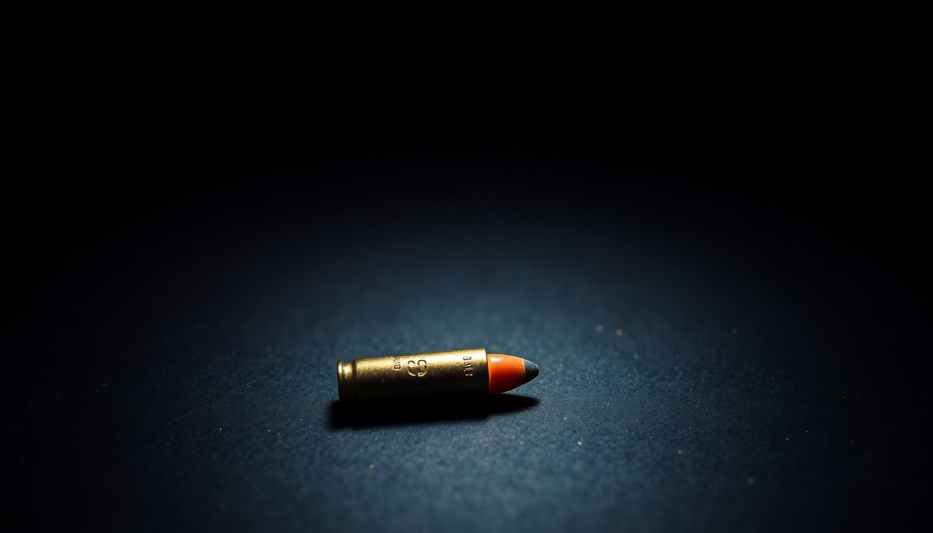 An extreme close-up of a single spent bullet casing on a dark surface, lit by a harsh, direct camera flash, conceptually representing the investigation into a police shooting.