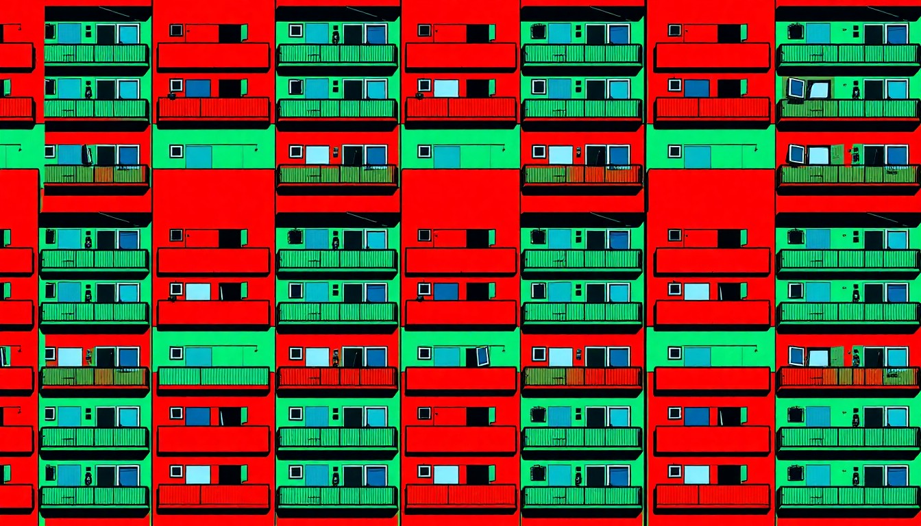 A brightly colored, high-contrast silkscreen print of a small apartment building or duplex unit repeated in a tight grid pattern, using a vibrant neon color palette with heavy black photographic outlines to turn the everyday housing concept into modern pop art.