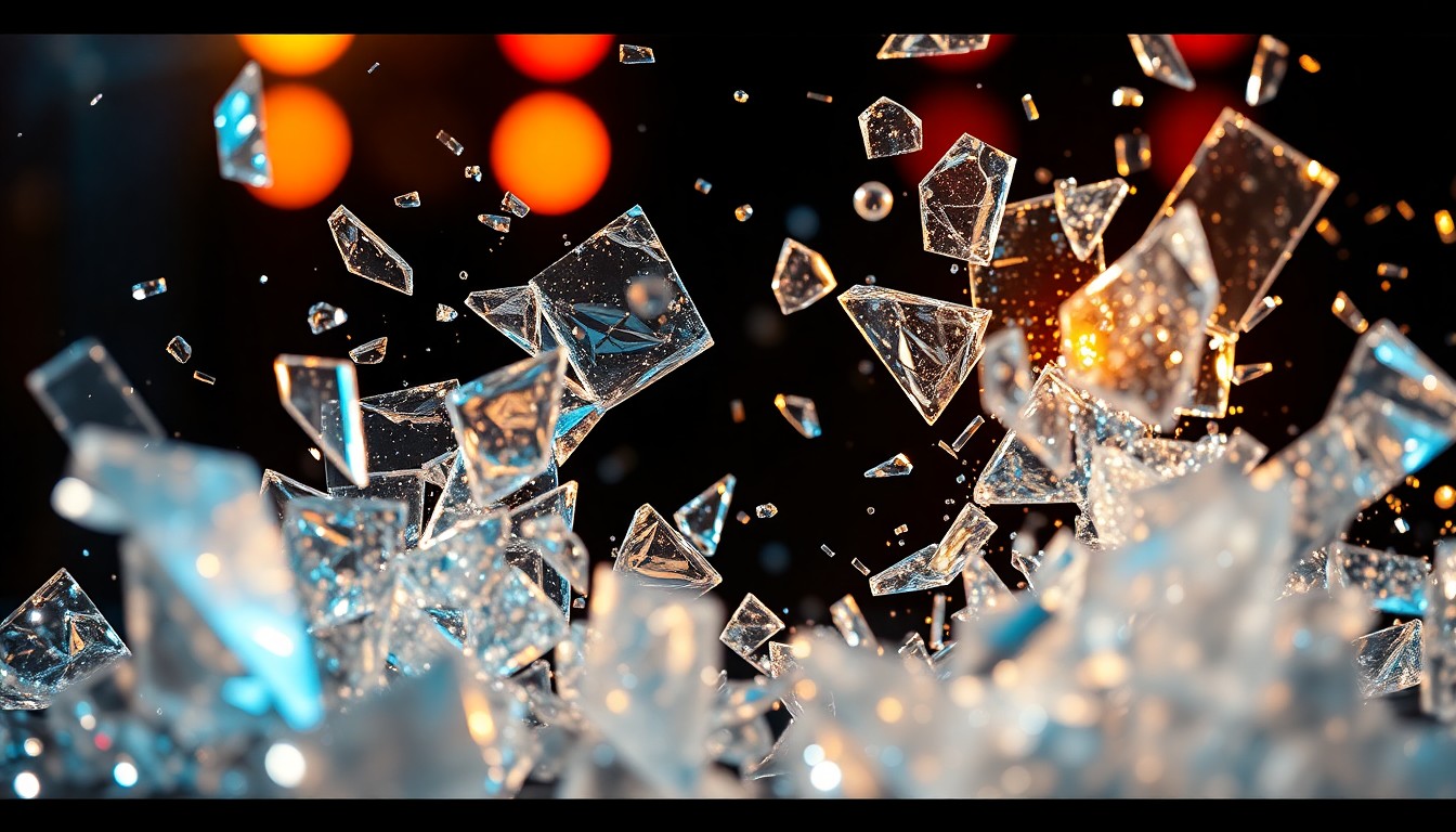 An abstract close-up photograph featuring dramatic, high-contrast lighting on shattered glass and glittering shards, conceptually representing the production of a high-profile but ultimately flawed Hollywood film.
