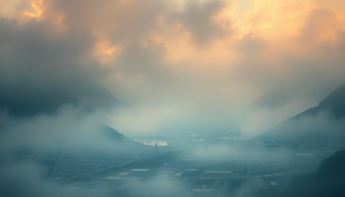 A sweeping, atmospheric landscape painting in muted tones of gray, blue, and green, with the faint outlines of a city skyline barely visible through heavy fog, conveying a sense of the overwhelming power of nature.