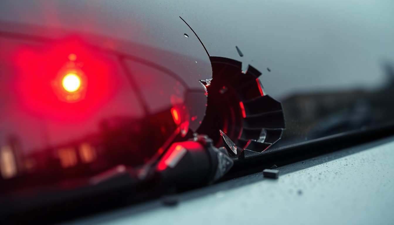 An extreme close-up photograph of a shattered car sensor lens reflecting a faint red light, conceptually illustrating the aftermath of a violent crime against government property.