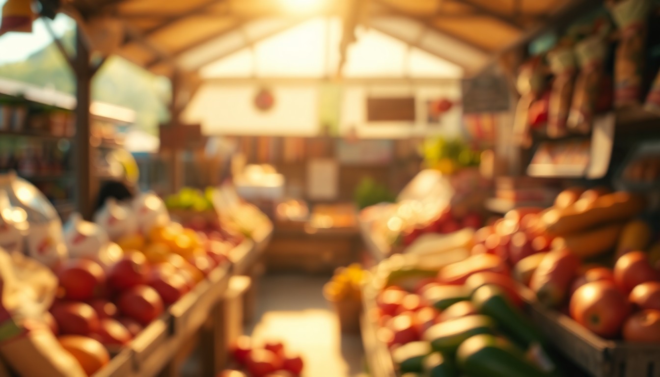 An abstract, impressionistic photograph of a farm stand display, with blurred shapes and colors representing fresh produce, baked goods, and other local goods. The image conveys a sense of warmth, community, and a return to simpler times.
