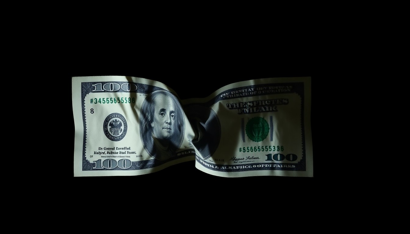An extreme close-up photograph of a crumpled $100 bill against a pitch-black background, lit by a harsh, direct camera flash, conceptually representing the financial exploitation at the heart of this phone scam.