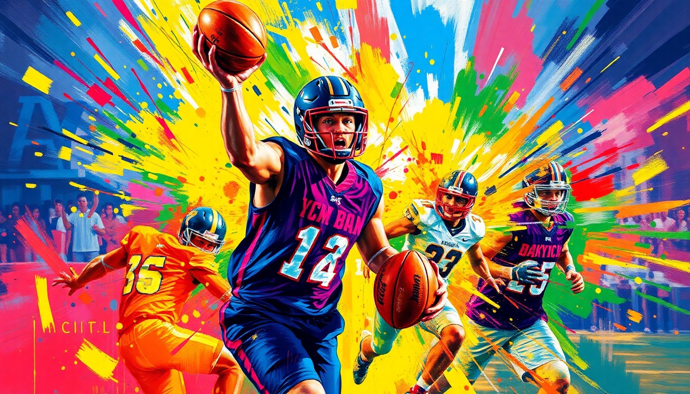 An abstract, expressionist painting featuring bold, sweeping brushstrokes in neon colors that capture the raw athleticism and competitive spirit of high school sports.