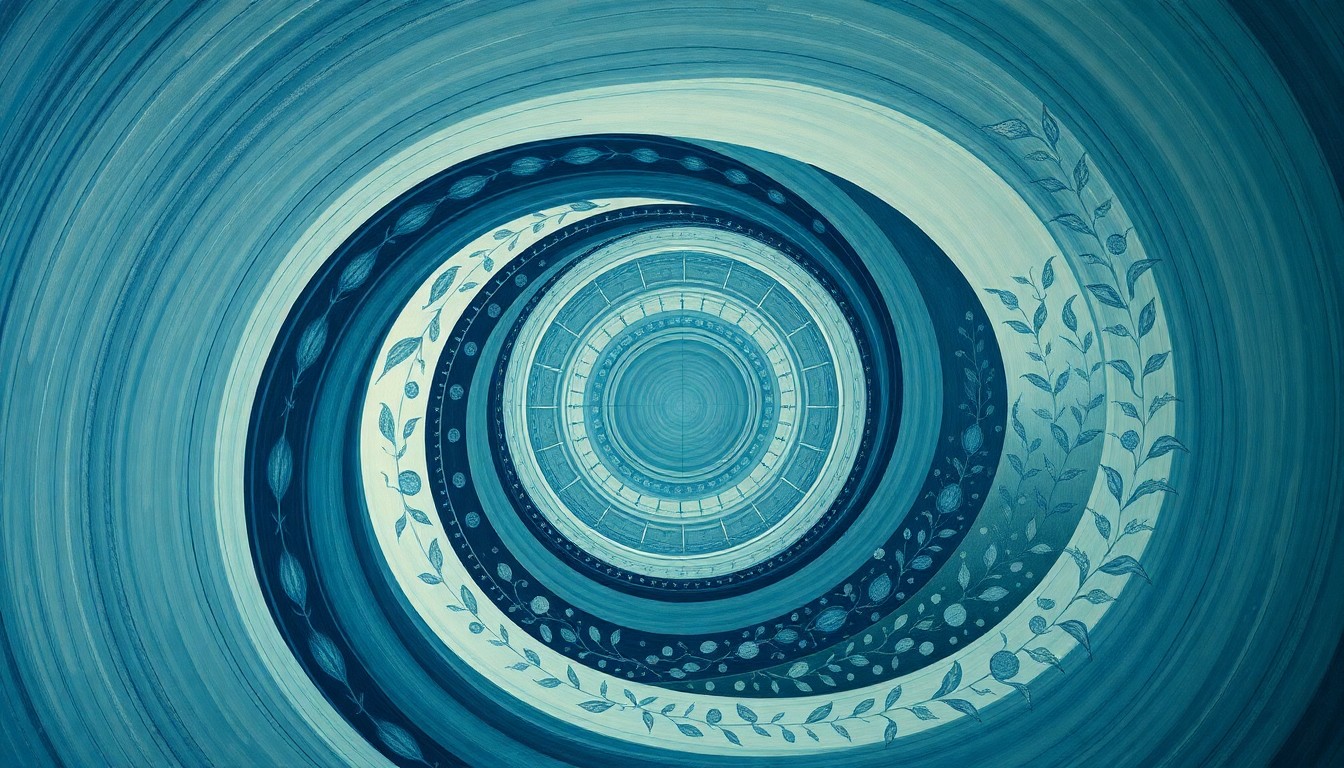 A bold, highly structured abstract painting in muted blues and greens, featuring sweeping geometric arcs, concentric circular motifs, and precise botanical spirals, conceptually representing the complex natural forces and marine life that impact a stranded whale.