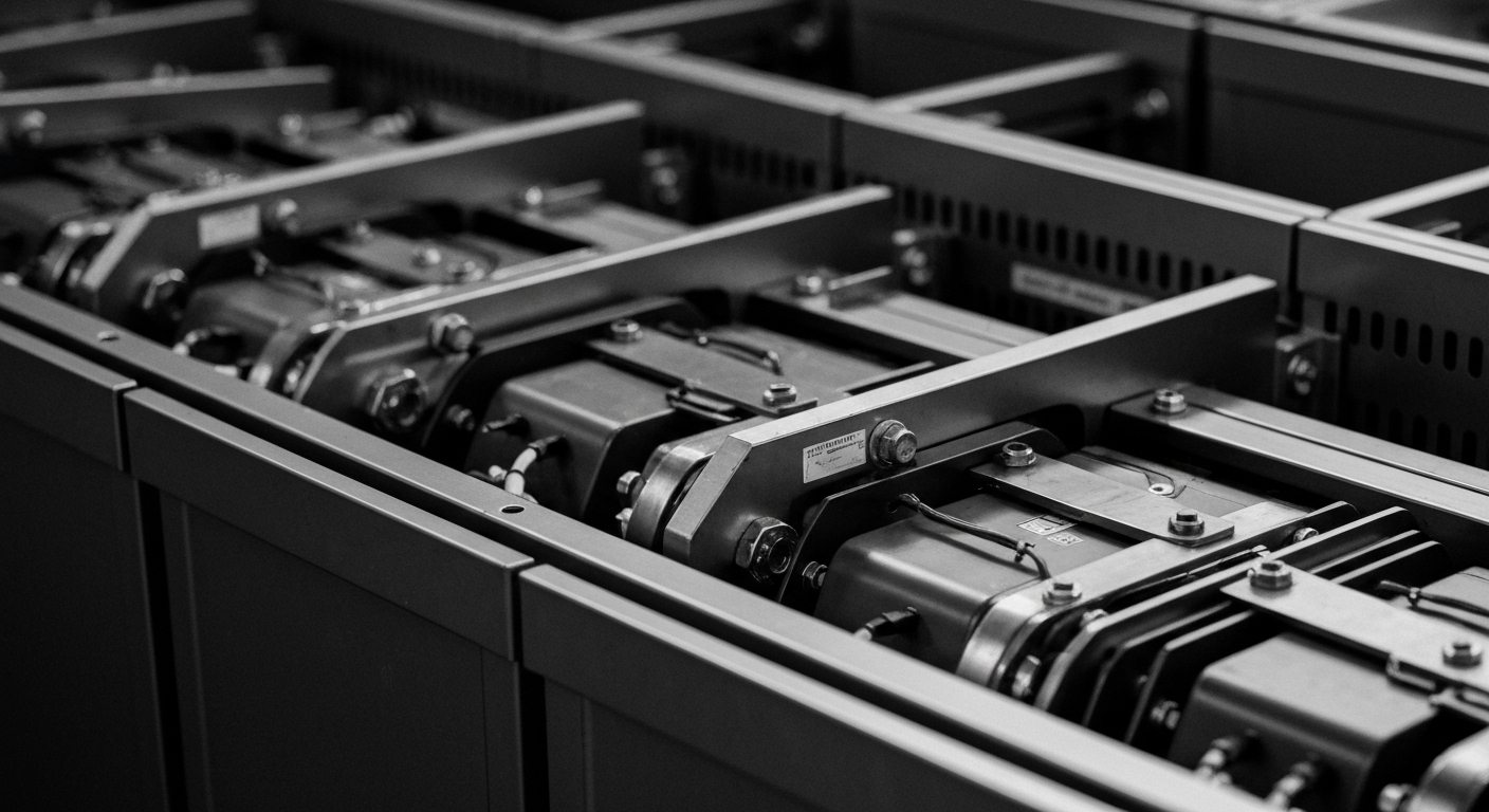 A high-contrast black and white close-up photograph of the complex inner machinery and components of an industrial battery storage system, conveying the technical complexity and importance of this renewable energy technology.