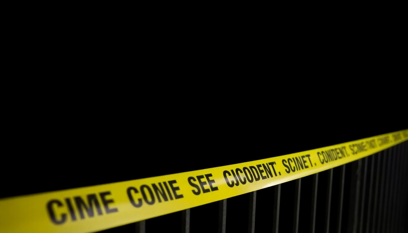 An extreme close-up photograph of yellow crime scene tape wrapped around a metal railing, the harsh flash creating a stark, gritty aesthetic that conceptually represents an unspecified law enforcement investigation.