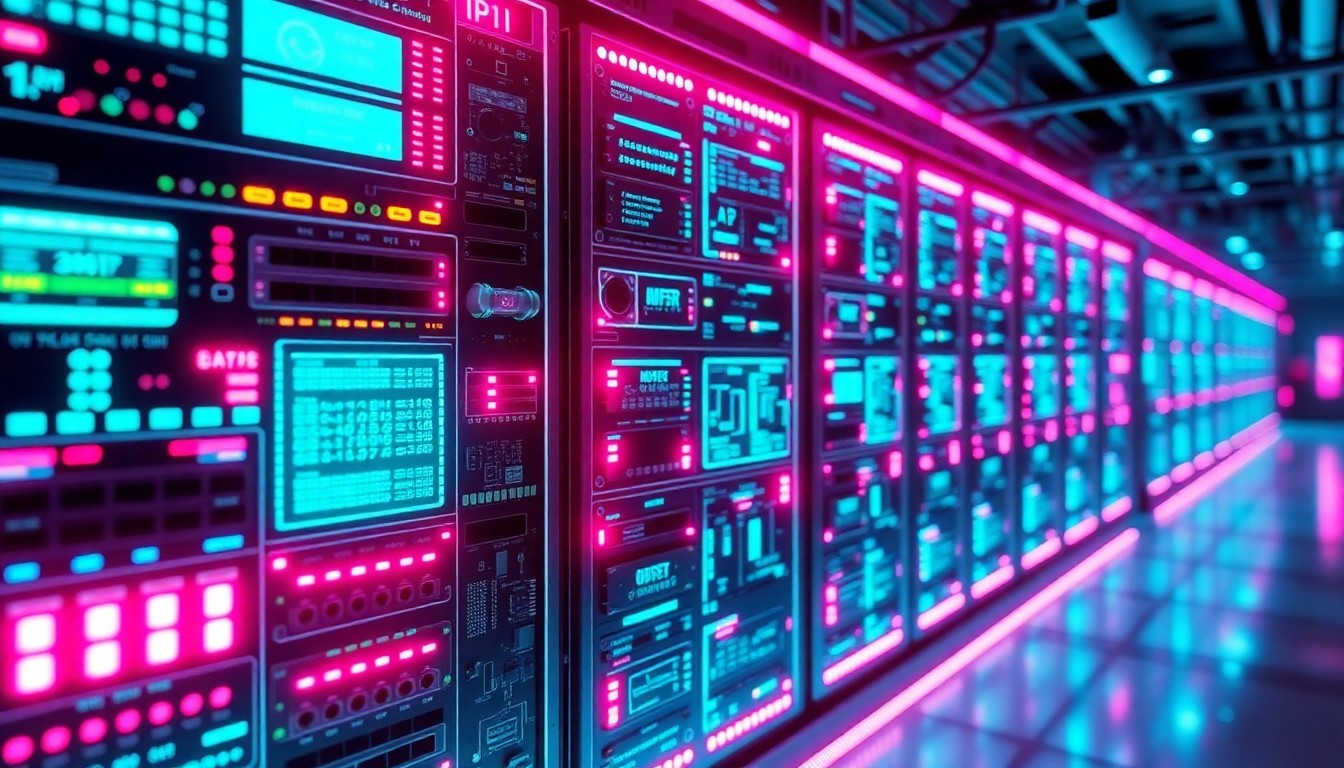 A highly detailed 3D illustration of a glowing, futuristic control panel or server rack, with neon cyan and magenta lights illuminating the various ports, circuits, and hardware components, conceptually representing the advanced digital infrastructure powering enterprise AI and automation.