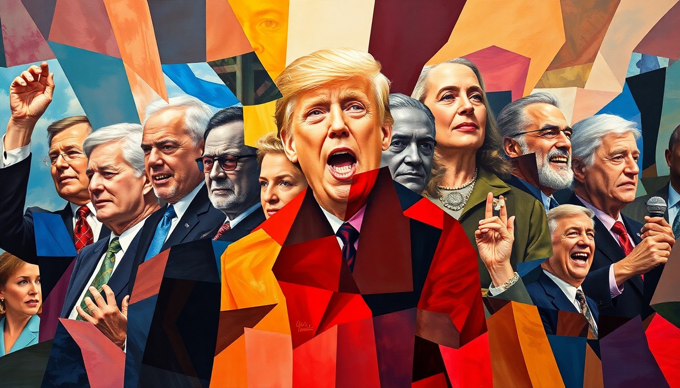 A vibrant, abstract painting featuring overlapping, geometric shapes and brushstrokes in a variety of colors, representing the complex and shifting power dynamics among political leaders and influencers.