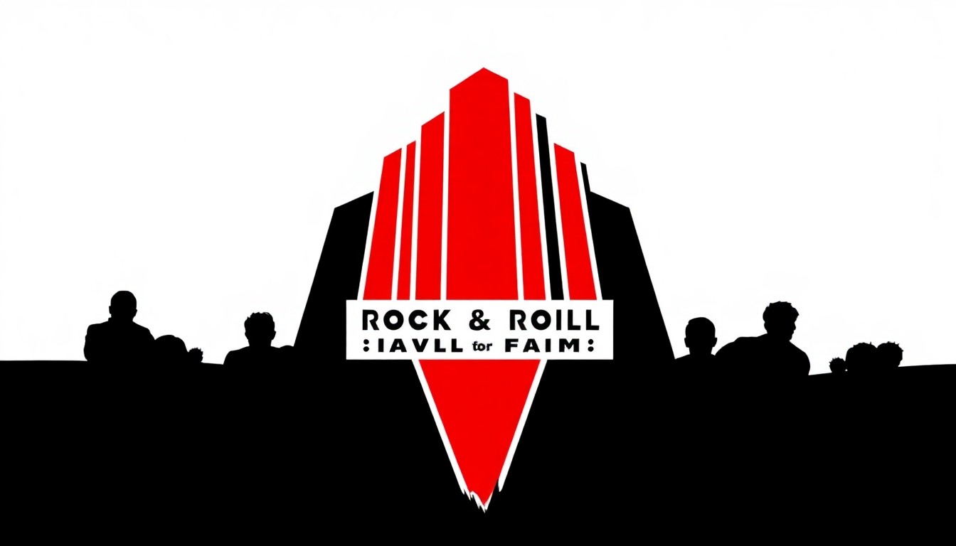 A bold, abstract illustration featuring a stark black silhouette of the iconic Rock & Roll Hall of Fame logo against a high-contrast red background, capturing the museum's enduring rock and roll spirit through a minimalist, graphic design style.