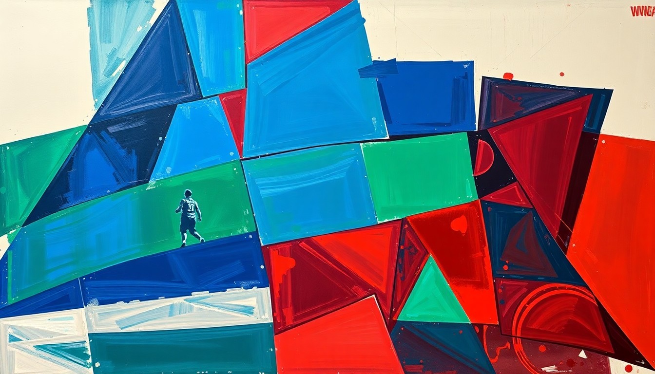 A cubist, geometric painting depicting a fragmented WNBA game scene, with sharp planes of navy, green, and red overlapping to create a dynamic, abstract composition.