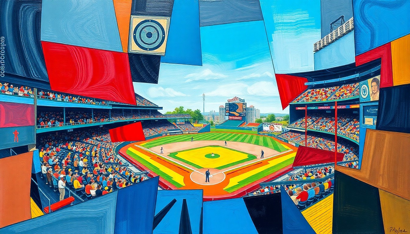 A cubist, geometric painting depicting a baseball game, with the players and field broken down into sharp, overlapping planes of color, capturing the dynamic energy of the sport.