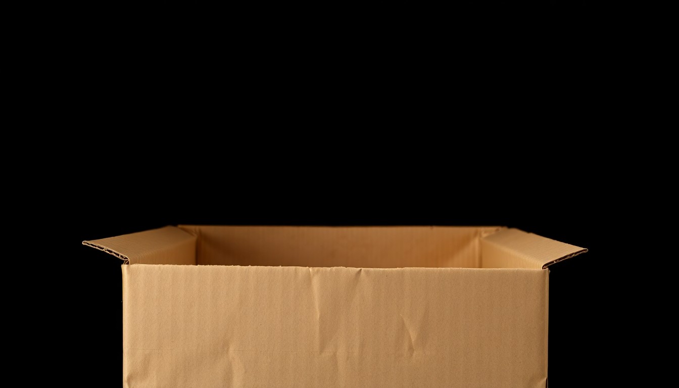 An extreme close-up photograph of a crumpled, empty cardboard box, its surface texture and shadows dramatically illuminated by a harsh, direct camera flash, conceptually representing the abandoned evidence of a package theft.